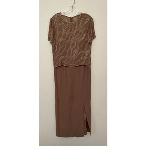 Elegant Brown Maxi Dress with Beaded Overlay